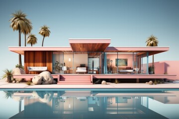 Fototapeta premium Sleek Mid-Century Modern House Sketch, on an isolated Coral Pink background, Generative AI