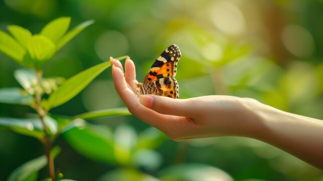 Natural spring background with a butterfly on a woman's hand.