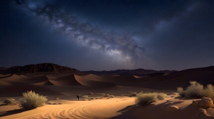 Night starry sky over desert dunes