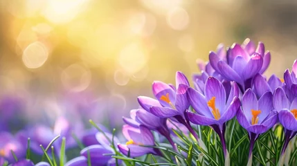 Schilderijen op glas Spring background with lilac flowers crocuses. © savvalinka