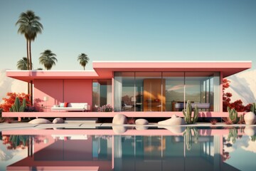 Fototapeta premium Sleek Mid-Century Modern House Sketch, on an isolated Coral Pink background, Generative AI