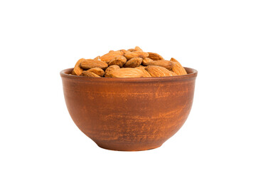 Roasted almonds in bowl isolated on white background. almonds is snack or raw of cook. Healthy food concept