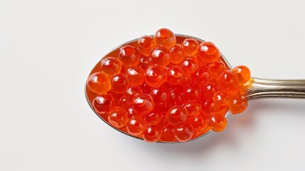 Spoon of red fresh caviar isolated on white background, top view.