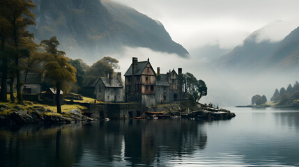 Fototapeta premium A historic fjord, with ancient architecture lining the shores as the background, during a misty and nostalgic atmosphere
