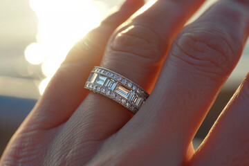 Finger wearing a luxury baguette diamond band engagement ring - obrazy, fototapety, plakaty