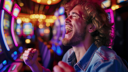 Fototapeta premium Portrait of a happy gambler win money in in casino playing at slot machines
