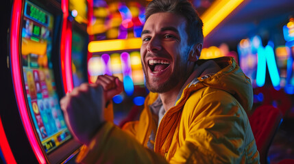 Portrait of a happy gambler win money in in casino playing at slot machines - obrazy, fototapety, plakaty