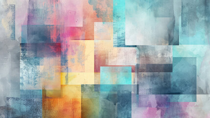 Abstract arrangement of soft pastel squares and rectangles blend gently in watercolor texture for background