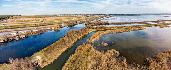 Aerial view of Pineta San Vitale, reeds and lagoon in Marina Romea, Ravenna.