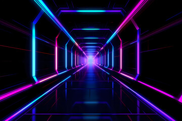Neon lights tunnel glowing speed background. Generative ai.