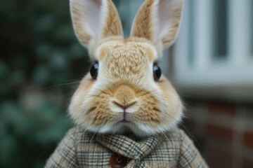 Stylish bunny in warm clothes outdoors
