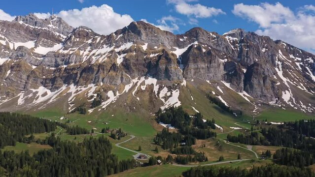 Appenzell, Switzerland: Aerial drone footage of the stunning Santis mountain in the alps in Canton Appenzell in eastern Switzerland in spring. 