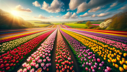 tulip field in spring - obrazy, fototapety, plakaty