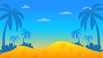 Fototapeta na wymiar Blue orange and yellow summer background vector illustration. Summer background with beach, flower, floral, coconut, leaf, and sun