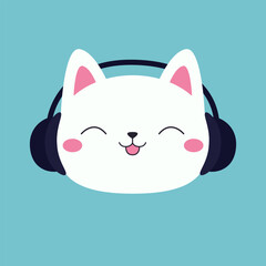 Cat in black headphones earphones icon. Kitten listen to music with closed eyes, pink tongue, ears. Cute cartoon kawaii funny baby pet character. Happy face head. Flat design. Blue background.