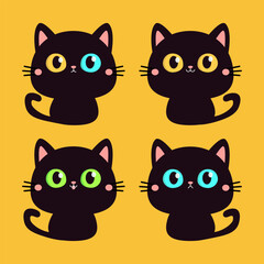 Cat set. Cute face head. Black silhouette icon. Kitten with big yellow, blue, green eyes. Cartoon pet baby character. Pink ears, nose, cheek. Funny kawaii animal. Flat design. Yellow background.