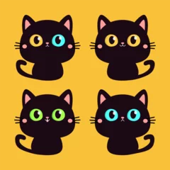 Fotobehang Cat set. Cute face head. Black silhouette icon. Kitten with big yellow, blue, green eyes. Cartoon pet baby character. Pink ears, nose, cheek. Funny kawaii animal. Flat design. Yellow background. © worldofvector