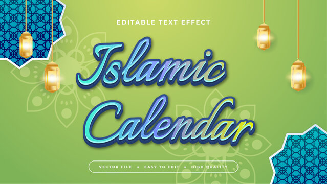Green blue and gold islamic celendar 3d editable text effect - font style. Ramadan text style effect