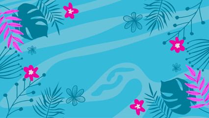 Fototapeta na wymiar Blue and purple violet vector illustration tropical summer design background. Summer background with beach, flower, floral, coconut, leaf, and sun