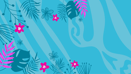 Fototapeta na wymiar Blue and purple violet vector abstract summer background with tropical leaves and beach vibes. Summer background with beach, flower, floral, coconut, leaf, and sun