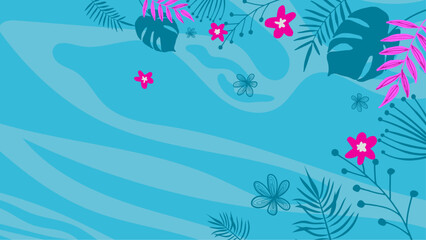 Fototapeta na wymiar Blue and purple violet vector realistic summer vacation abstract background. Summer background with beach, flower, floral, coconut, leaf, and sun