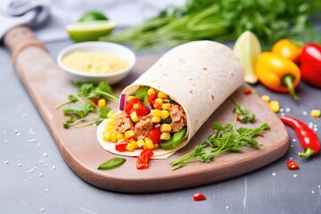 vegan bean burrito with corn and peppers on a slate slab