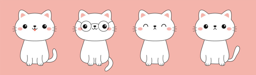 Cat set. Sitting kitten in glasses, sleeping kitty.Funny kawaii smiling doodle animal. Face line contour silhouette icon. Cute cartoon baby pet character. Flat design. Pink background.