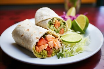 seafood burrito with shrimp and cabbage, lime wedge on side