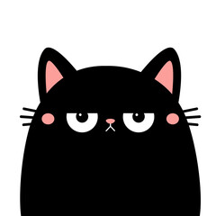 Cute cat. Sad angry face head. Kitten with big eyes. Black silhouette icon. Funny kawaii pet animal. Cartoon funny baby character. Pink ears, nose, cheek. Flat design. White background.