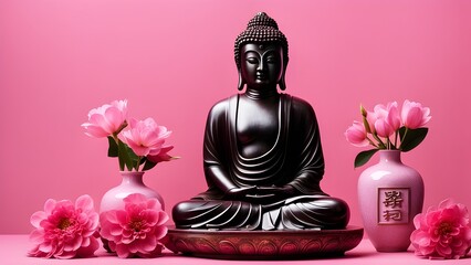 Buddha statue amidst roses on a serene pink backdrop—harmony and tranquility captured in a photograph.