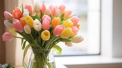 Vibrant Bouquet of colorful tulips. Festive flowers on a sunny background. Easter and mothers day, International Women's Day