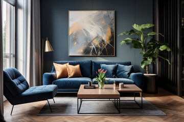 Modern living room with blue sofa generated.AI