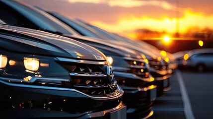 Row of brand new cars lined up outdoors in a parking lot at sunset - obrazy, fototapety, plakaty