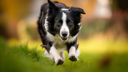 A dog runs at high speed across a meadow and jumps up in a leap