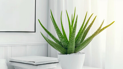  aloe vera in a white pot on a desk in a white bedroom, Green aloe vera in pot on chest of drawers indoors