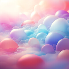 Colorful Easter eggs floating in the blue sky. Colorful Easter background.