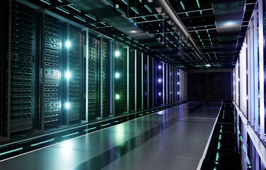 Server racks in server room data center.3D illustration.