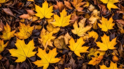 Closeup of autumn's golden blanket—vibrant fallen maple leaves, nature's warm tapestry.