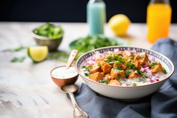 diced chicken tikka in a bowl with yogurt-based marinade
