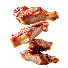 Grilled meat flying in the air, realistic 3d, meat collection, ultra realistic, icon, detailed, angle view food photo, steak composition