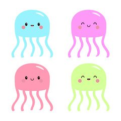 Four jellyfish icon set. Cute kawaii cartoon funny baby character. Pink blue, purple color. Smiling face. Sea ocean animal. Kids tshirt, sticker print. White background. Flat design.