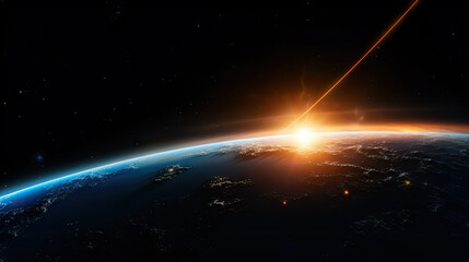 3D Rendering of earth from space with run rising and ray light flare at horizon among glowing stars in galaxy. For wallpaper, sci fi, science or technology background - obrazy, fototapety, plakaty
