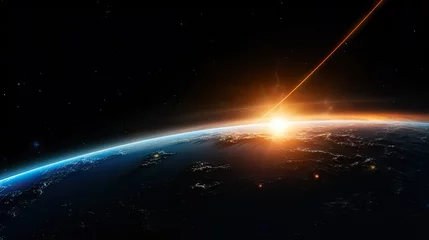 Fotobehang 3D Rendering of earth from space with run rising and ray light flare at horizon among glowing stars in galaxy. For wallpaper, sci fi, science or technology background © Nice Seven