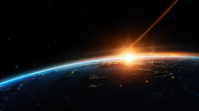 3D Rendering of earth from space with run rising and ray light flare at horizon among glowing stars in galaxy. For wallpaper, sci fi, science or technology background