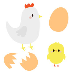 Hen, chicken, broken cracked egg bird icon set. Happy Easter. Cute cartoon funny kawaii baby chick character. Flat design. Greeting card. Yellow color. Kids education. White background. Isolated.