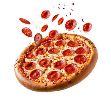 Pepperoni Pizza flying falling isolated on white transparent background, top view, ultra realistic, PNG