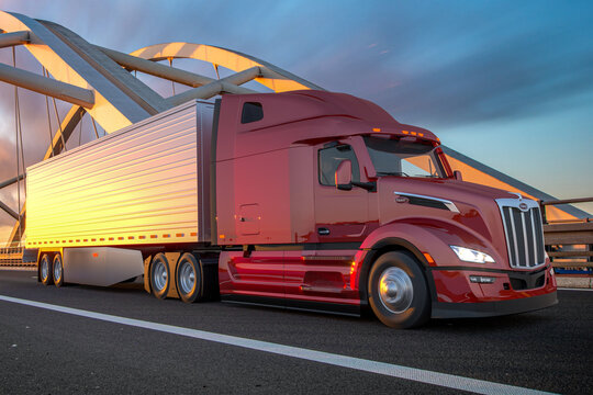 peterbilt 579 sleeper cab tractor truck on the highway.3D illustration.