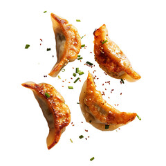 Fried Gyoza dumplings flying falling isolated on white transparent background, top view, ultra realistic, PNG