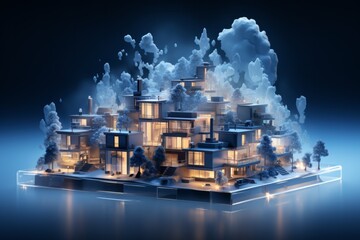 Futuristic Townhouse Village Aerial Perspective, on an isolated Hazy Blue background, Generative AI - obrazy, fototapety, plakaty