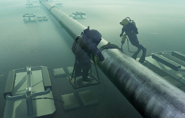 Divers at work on the underwater pipeline.3D illustration.